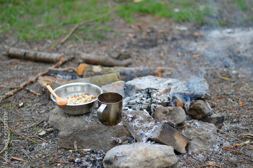 Delicious porridge with cereals, mountain hiking meals
