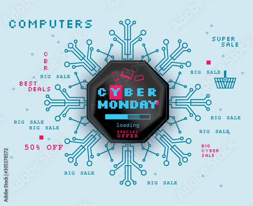 Cyber monday banner. Black technology snowflake as chip on blue background.