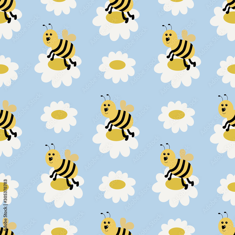 Fototapeta premium Seamless pattern with bees and daisies. Vector illustration.