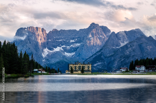 Beautiful sunset in Lake Misurina, natural landscapes in Dolomites, Italy