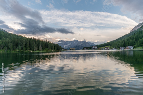 Beautiful sunset in Lake Misurina, natural landscapes in Dolomites, Italy