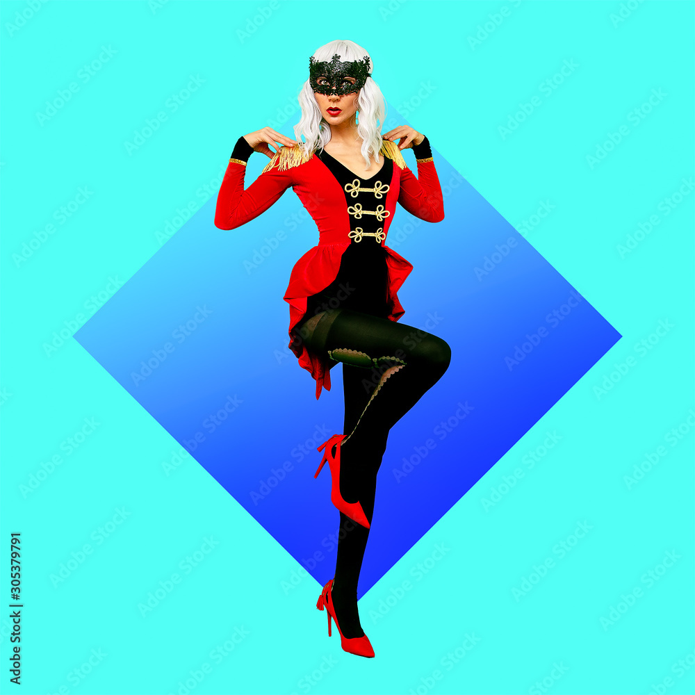 Obraz premium Blonde girl in a fancy dress musketeer on geometry background. New year party concept