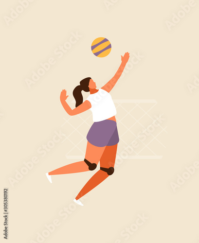 Sports girl playing volleyball. Flat vector illustration