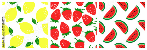 Fruit seamless pattern set. Fashion clothing design. Watermelon, strawberry, lemon. Food print for dress, skirt, linens or curtain. Hand drawn vector sketch background collection