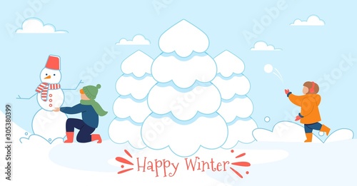 Happy Winter Flat Poster with Playful Children