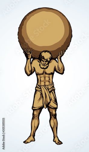 Atlas keeps the earth on their shoulders. Vector drawing silhouette