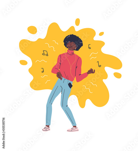 Young teenager listening to music in his headphones dancing isolated on white background. African ethnicity street dancer. Vector illustration.