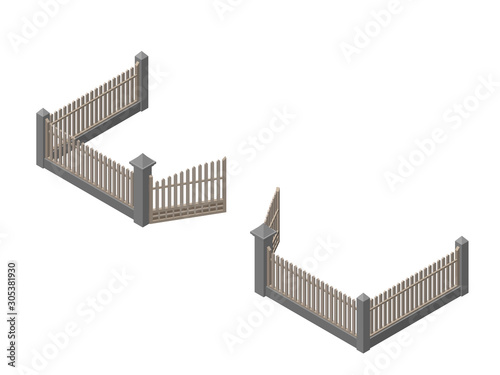 Wooden fence with opened gate. Isolated on white background. Vector illustration.