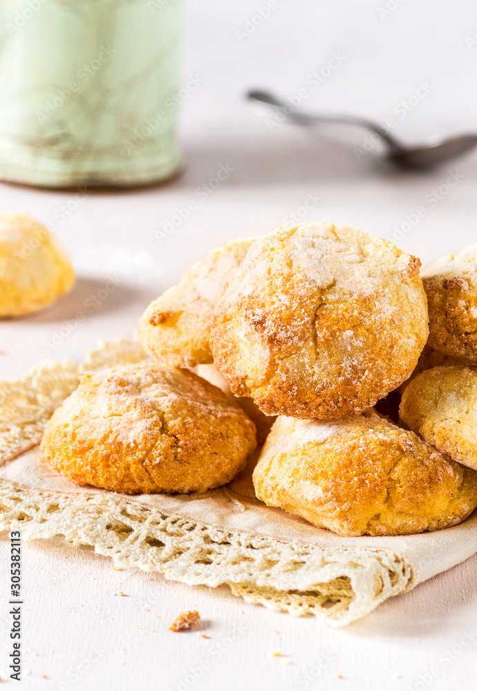 Frontview of homemade amaretti biscuits on delicate background