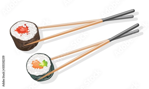 Two couples of wooden chopsticks holding tekkamaki and futomaki sushi rolls. Dinner, lunch in japanese restaurant, bar. Vector realistic illustration isolated on white background.