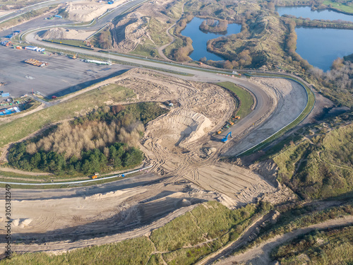 Aerial of race track in the dunes with road maintenance interventions in Zandvoort, the Netherlands 