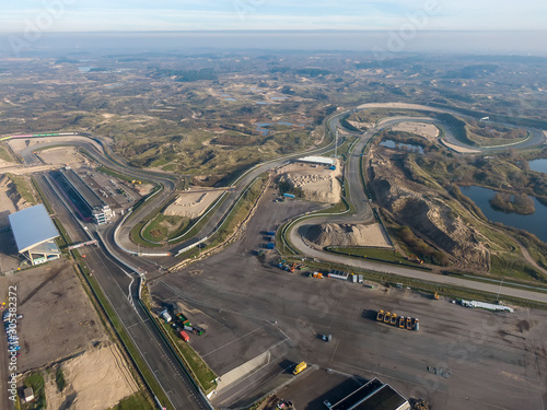Aerial of race track in the dunes with road maintenance interventions in Zandvoort, the Netherlands 
