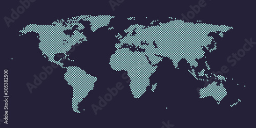 Abstract pixel world map. Halftone style. Vector illustration.