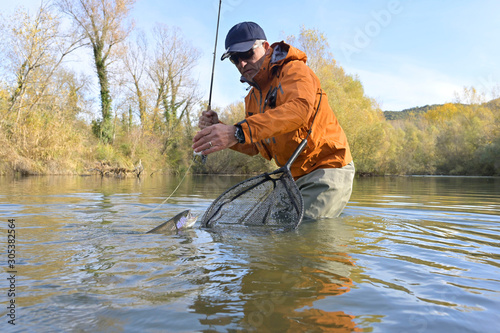 capture of a trout by a fly fisherman in autumn
