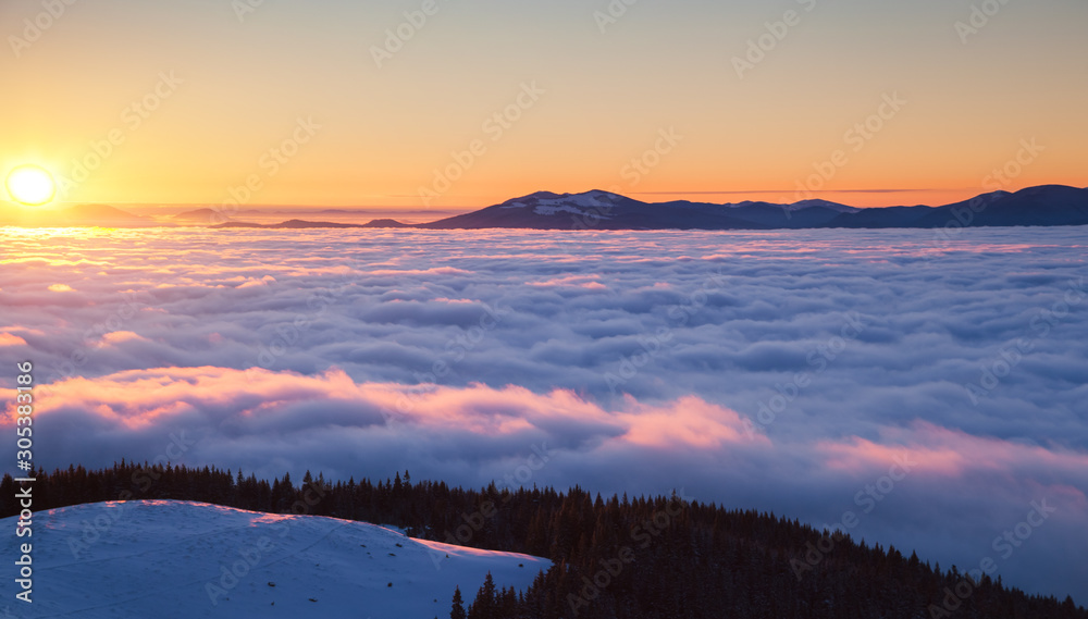 Incredible air view of the valley with dense fog. Location Carpathian mountain, Ukraine, Europe.