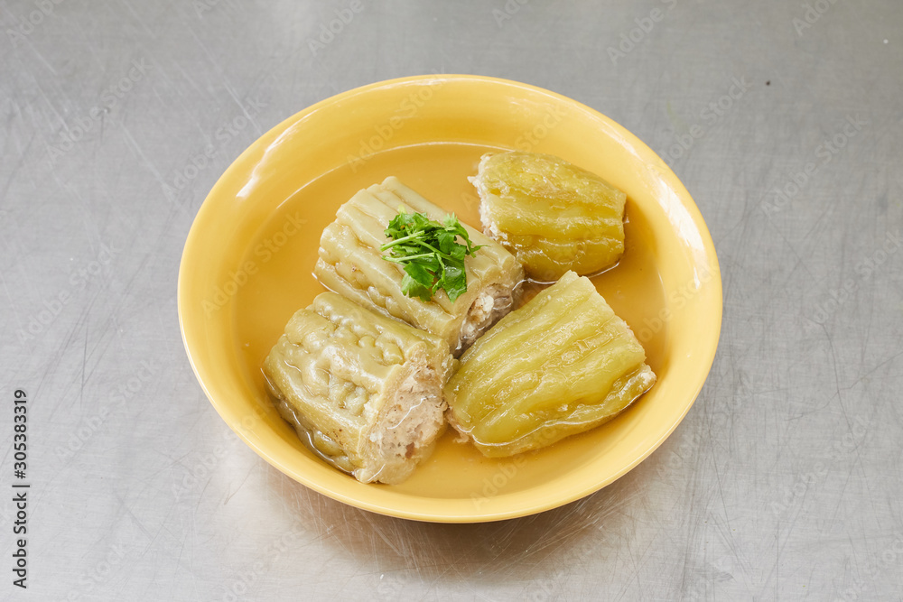 Stuffed bitter gourd with seasoned minced pork soup, Thai cuisine . Stuffed bitter gourd with seasoned minced pork soup, Thai cuisine .