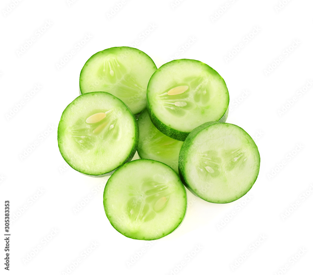 sliced cucumber isolated on white background