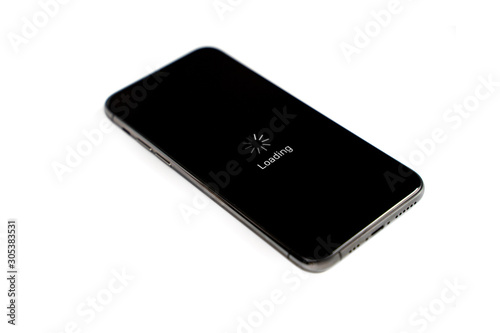 Loading on isolated smartphone, white background, front side, display