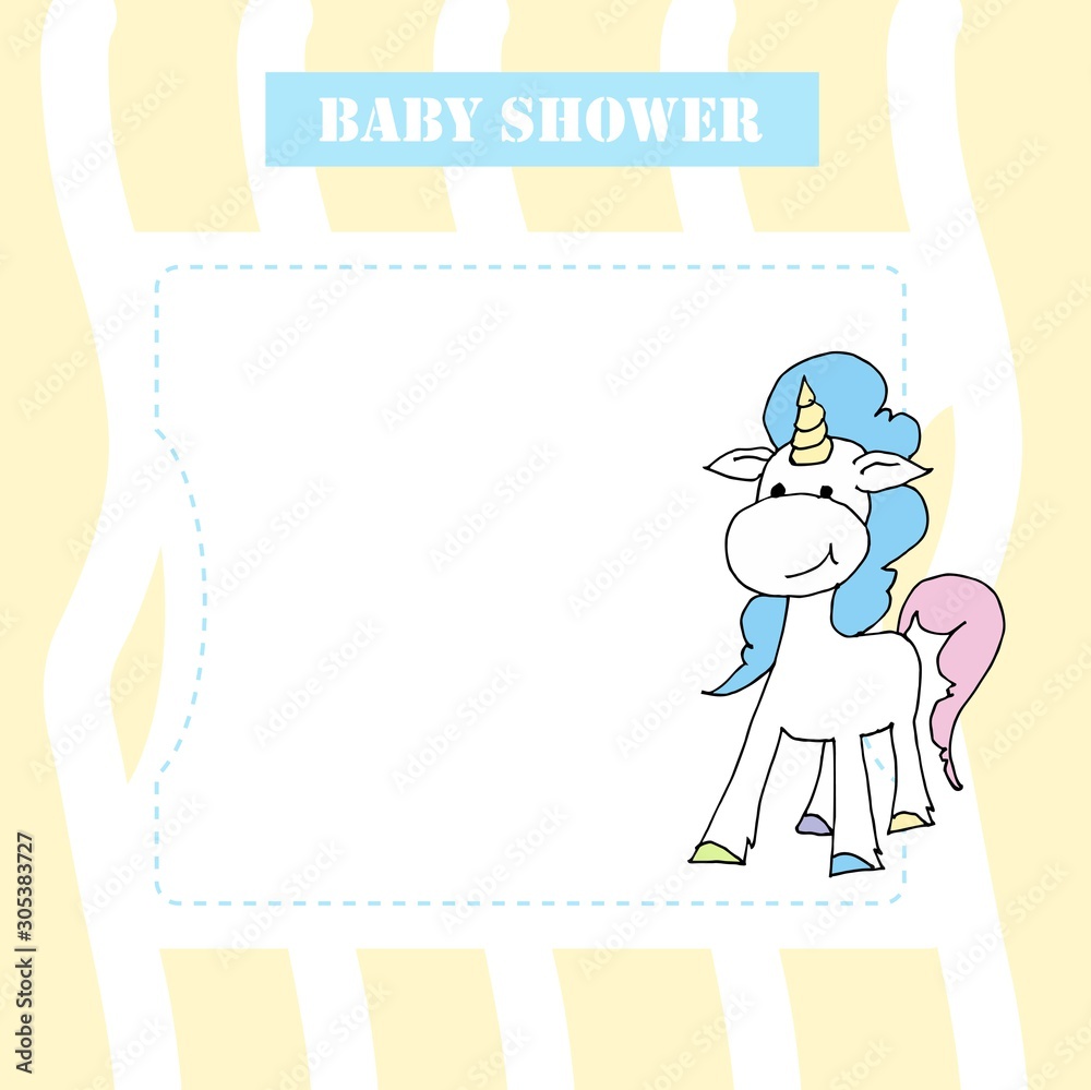 Cute baby shower cartoon with beautiful unicorn. Label for children with funny unicorns. Vector illustration.