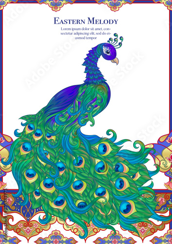 Peacock and eastern ethnic motif, traditional muslim ornament. Template for wedding invitation, greeting card, banner, gift voucher, label. Colored vector illustration in gold and blue.
