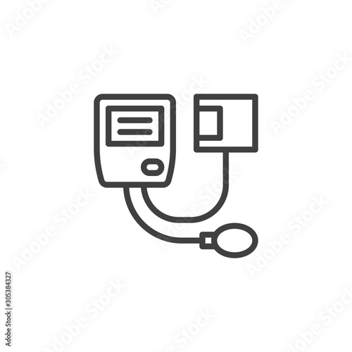 Blood pressure meter line icon. linear style sign for mobile concept and web design. Medical blood pressure cuff outline vector icon. Symbol, logo illustration. Vector graphics