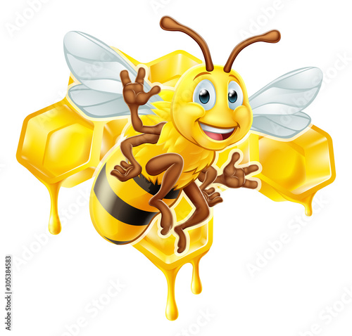 A bumble bee cute cartoon character mascot with his or her honeycomb and dripping honey in the background