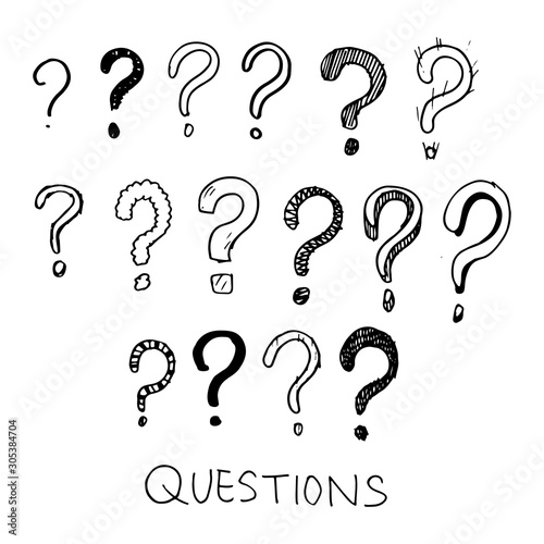 Set of hand drawn question marks. doodle questions marks set. vector illustration.