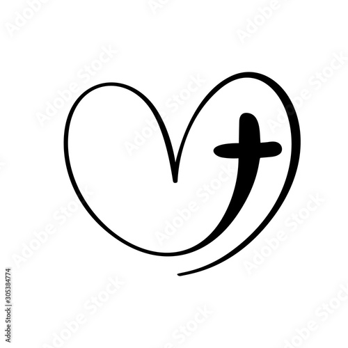 Vector Christian logo Heart with Cross on a White Background. Hand Drawn Calligraphic symbol. Minimalistic religion icon