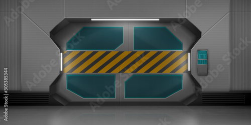 Futuristic metal sliding doors with warning striped tape. Vector realistic interior of empty hallway in spaceship. Closed gate with security code lock keypad and screen on the wall