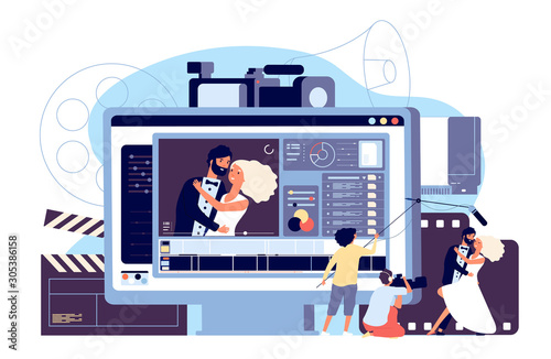Motion design studio concept. Cinematographic elements and shooting crew. Video shoot and website video production vector background. Illustration studio movie production, video making