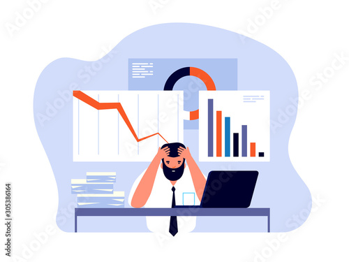 Financial crisis concept. Businessman in panic with falling trading charts. Failure and bankruptcy, economic risk vector background. Businessman crisis market, business chart and graph illustration