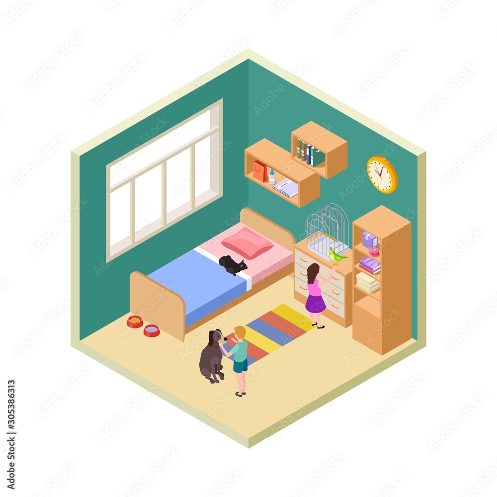 Kids and pets. Girl, boy with cat, dog and bird. Isometric kids room interior vector illustration. Children with animal, cartoon cute child with pets