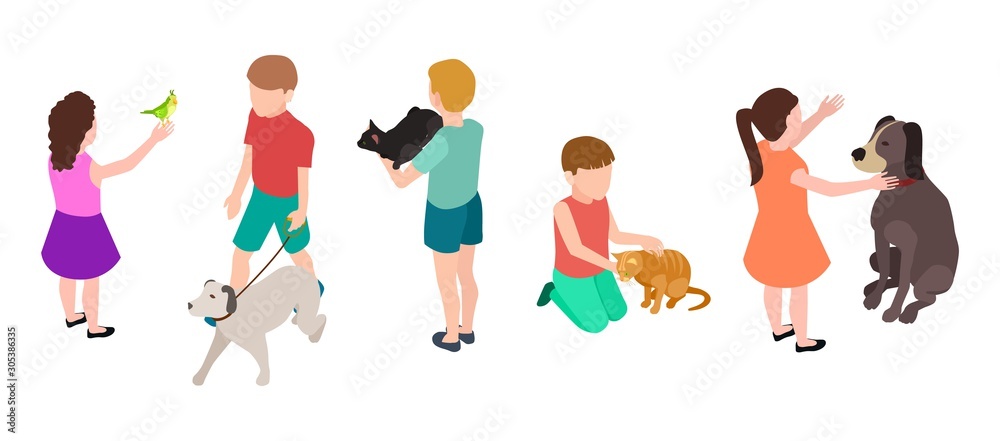 custom made wallpaper toronto digitalKids and pets. Pet care concept. Isometric children and dogs, parrot, cats vector set. Illustration boy and girl with cat and parrot