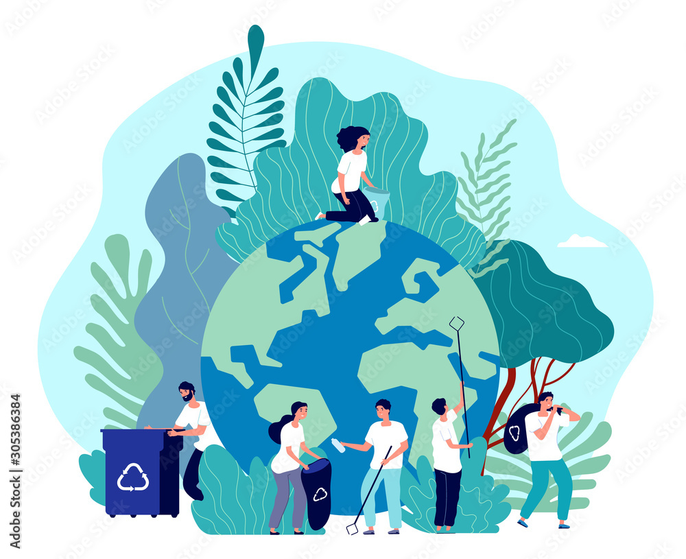 Take care of earth. Environmental protection, people saving planet, green energy ecosystem, volunteer ecologists, flat vector concept. Illustration voluntary collect plastic, nature environment - obrazy, fototapety, plakaty 