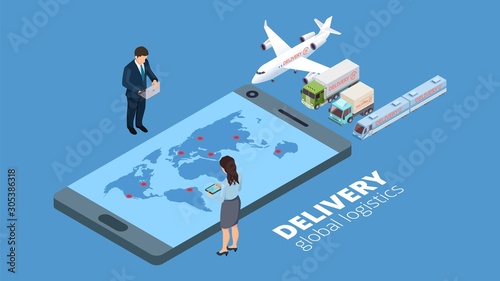 Delivery global logistics. Delivery strategy concept. Isometric businesspeople plan shipping online vector illustration. Global delivery business, service cargo export logistic