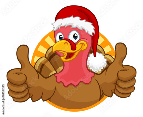 Turkey Christmas or Thanksgiving Holiday cartoon character wearing a Santa Claus hat