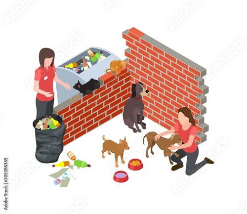 Stray animals problem. Stray dogs cats care. Isometric vector volunteers and homeless animals. Volunteer homeless animals, support and volunteering illustration