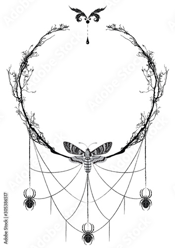 Vector floral frame with death head butterflies and spiders with spiderweb in black, grey and white.