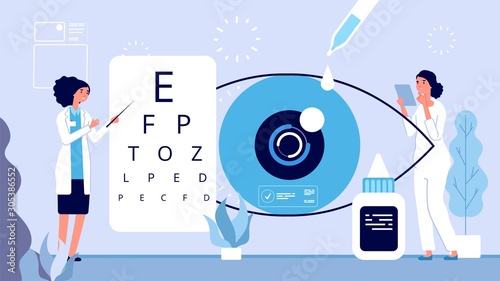 Ophthalmology illustration. Ophthalmologist checks vision vector concept. Woman oculist optical eyes test. Ophthalmology clinic vector illustration. Medical vision in hospital, ophthalmology treatment