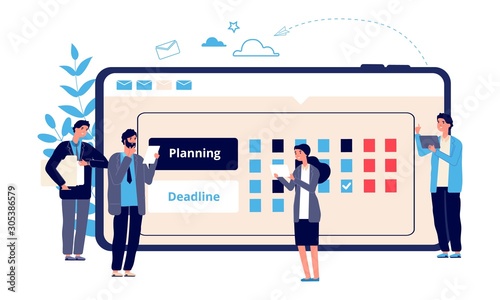 Schedule concept. Business entrepreneurship, online work planning. Flat entrepreneurs plan their work. Vector business characters and online calendar. Illustration work planner, agenda calendar