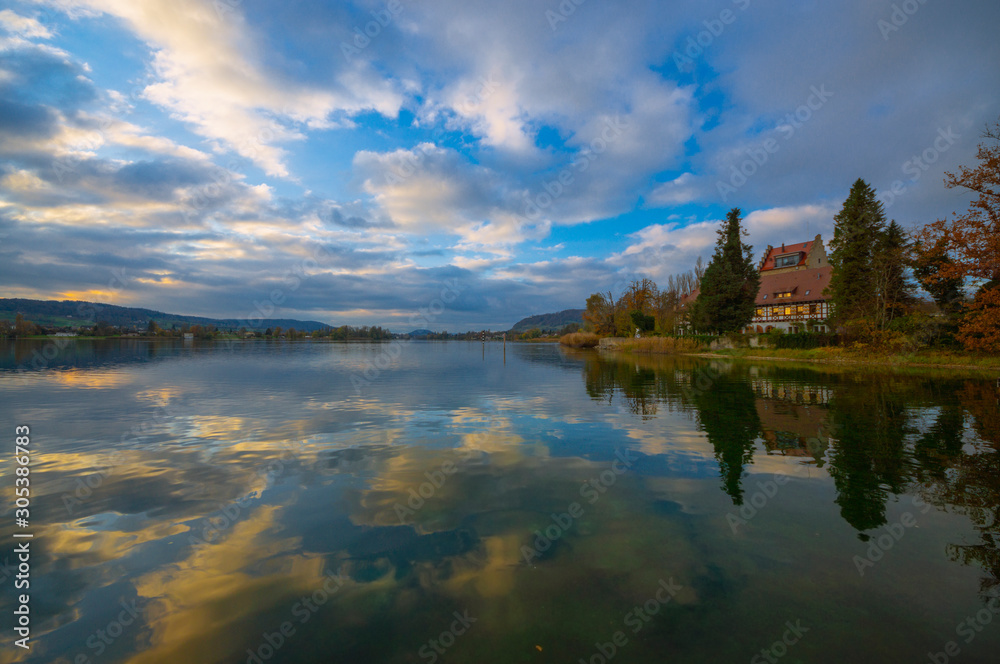 On Lake Constance in autumn. Near the castle Oberstaad. whose tower is about 800 years old. On the horizon begins at the Swiss town of Stein am Rhein, the Rhine River its way out of Lake Constance.