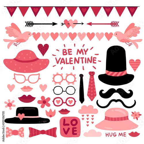 Valentines day photo booth props. Pink love wedding scrapbook elements, lips and mustaches. Glasses, tie and red heart vector selfie quotes. Heart props and pink cute valentine photobooth illustration