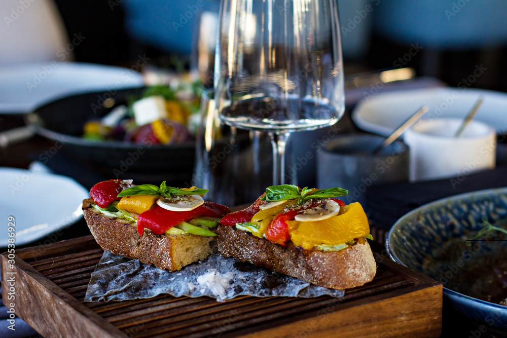 bruschetta with avocado, bell pepper and mushrooms bruschetta with avocado, bell pepper and mushrooms