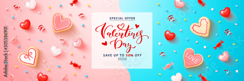 Valentine's day sale background with hearts,cookies, marshmallows and streamers. Modern design.Universal vector background for poster, banners, flyers, card,advertising brochure