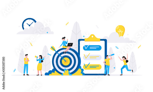 Teamwork concept with tiny people characters working together with big target and tiny people characters. Teamwork and time management concept flat style design vector illustration isolated white.
