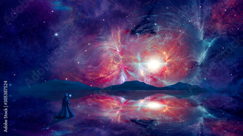 Space background. Magician standing on reflection surface with colorful fractal nebula and mountain sillhouette. Elements furnished by NASA. 3D rendering