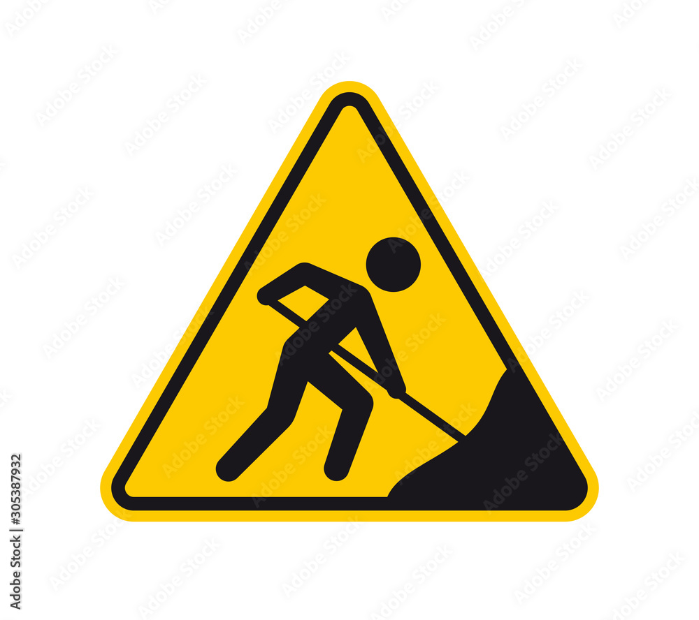 Vector yellow triangle sign - black silhouette work on the road. Isolated on white background. Vector yellow triangle sign - black silhouette work on the road. Isolated on white background.