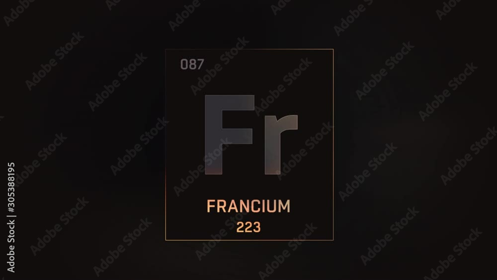 Francium as Element 87 of the Periodic Table. Seamlessly looping 3D animation on grey illuminated atom design background with orbiting electrons. Design shows name, atomic weight and element number Francium as Element 87 of the Periodic Table. Seamlessly looping 3D animation on grey illuminated atom design background with orbiting electrons. Design shows name, atomic weight and element number