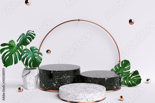 Marble and gold pedestal steps isolated on white background with monstera plant leaves, three cylinderical platforms, abstract minimal composition, blank space; 3d rendering photo