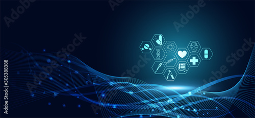 Abstract health medical science healthcare icon digital technology science concept modern innovation,Treatment,medicine on hi tech future blue background. for wallpaper, template, web design